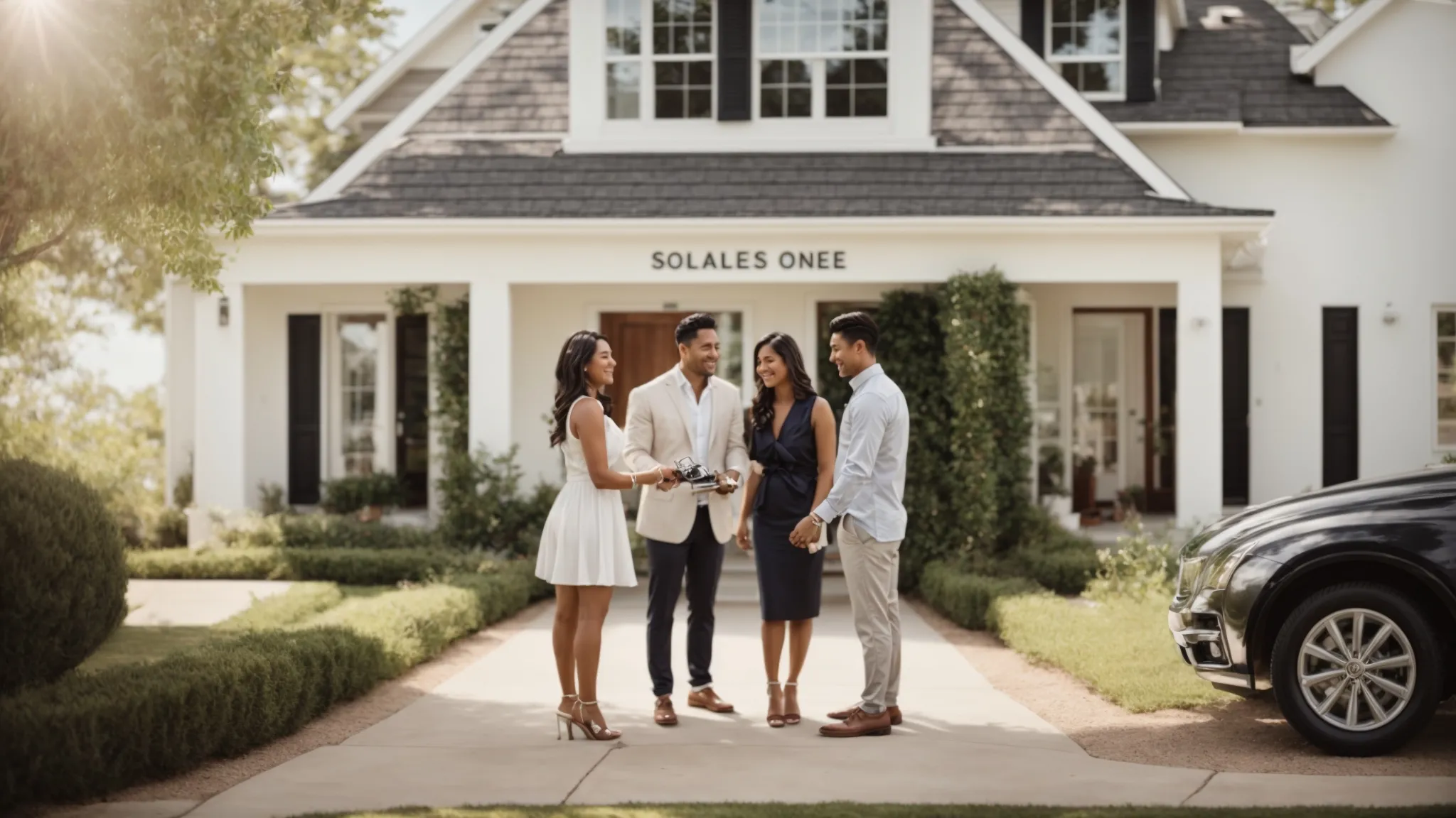 a real estate agent hands over the keys to a smiling couple in front of a sold sign at a beautiful home.
