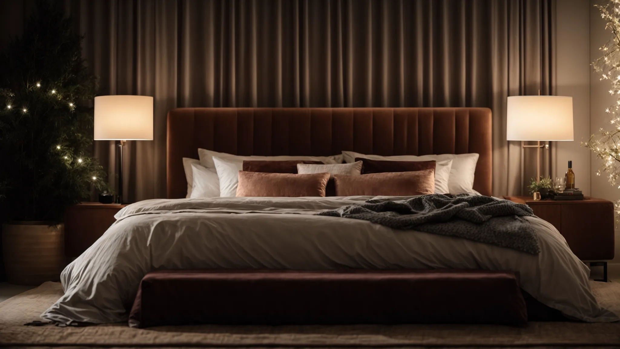 a plush, oversized bed adorned with soft, sumptuous bedding and pillows, highlighted by soft lighting that evokes a serene, luxurious nighttime ambiance.