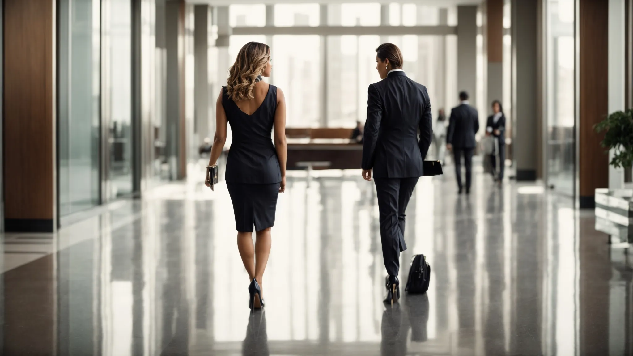 a confident person strides through a bustling office lobby, wearing a sleek, tailored professional dress paired with classic heels.
