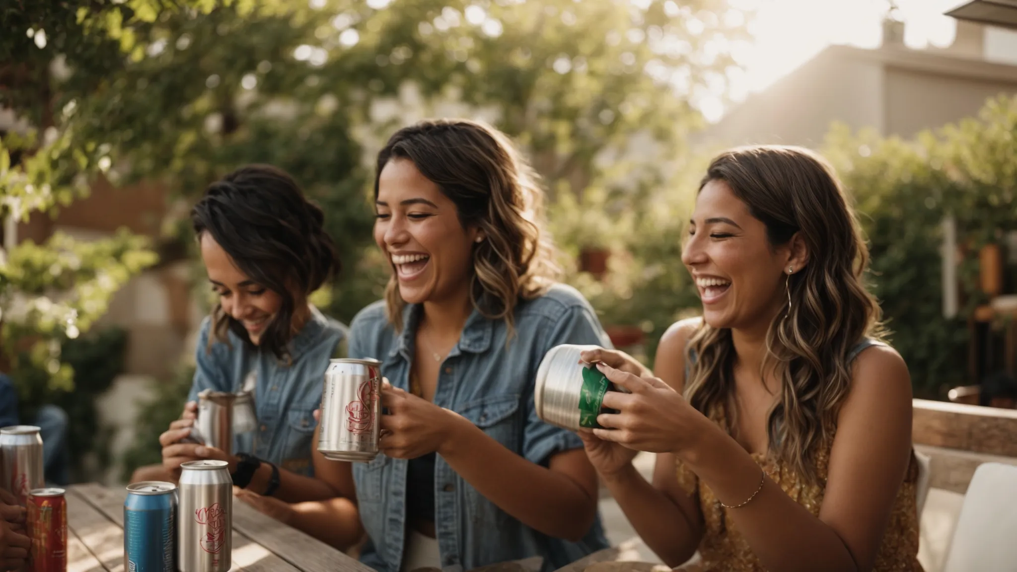 two friends are laughing and toasting with cans of seltzer on a sunny patio.